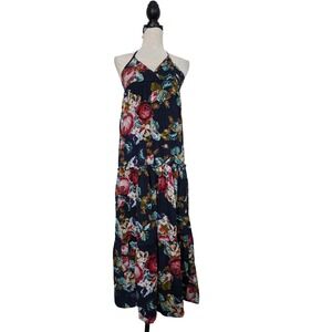 Royal Love Navy Blue Floral Halter Maxi Dress Smocked Back Tiered Cotton Size M